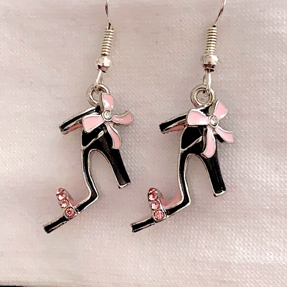 Silver NWT Drop Dangle Black & Pink High Heel Earrings W/ Crystals & Bows